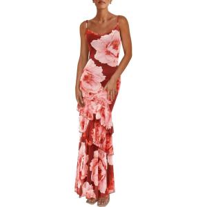 imagePRETTYGARDEN Maxi Dresses for Women 2026 Summer Tiered Floral Beach Sundress Spaghetti Strap Spring Wedding Guest Long DressWine Red Big Floral