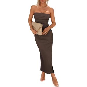 imagePRETTYGARDEN Womens Summer Bodycon Maxi Tube Dress Ribbed Strapless Side Slit Long Going Out Casual Elegant Party DressesCoffee