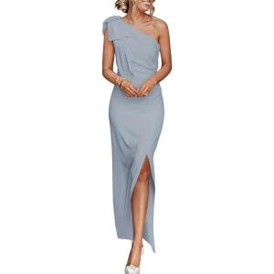 imagePRETTYGARDEN Womens Summer One Shoulder Long Formal Dresses Sleeveless Ruched Bodycon Wedding Guest Slit Maxi DressGrey Blue
