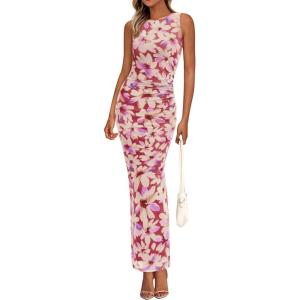imagePRETTYGARDEN Womens Summer Wedding Guest Dress 2026 Spring Mesh Sleeveless Bodycon Ruched Floral Holiday Maxi Long DressesFloral Brown Beige