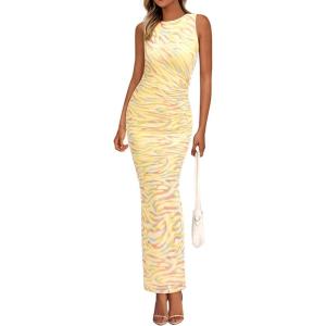 imagePRETTYGARDEN Womens Summer Wedding Guest Dress 2026 Spring Mesh Sleeveless Bodycon Ruched Floral Holiday Maxi Long DressesFloral Yellow