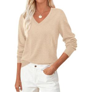 imagePRETTYGARDEN Womens V Neck Sweaters 2026 Fall Casual Long Sleeve Classic Pullover Cozy Knit Tops Loose Basic Winter ClothingBeige