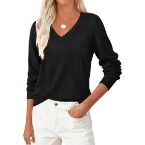 imagePRETTYGARDEN Womens V Neck Sweaters 2026 Fall Casual Long Sleeve Classic Pullover Cozy Knit Tops Loose Basic Winter ClothingBlack