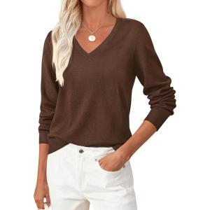 imagePRETTYGARDEN Womens V Neck Sweaters 2026 Fall Casual Long Sleeve Classic Pullover Cozy Knit Tops Loose Basic Winter ClothingCaramel