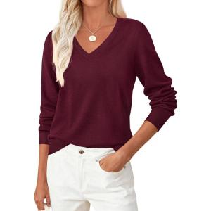 imagePRETTYGARDEN Womens V Neck Sweaters 2026 Fall Casual Long Sleeve Classic Pullover Cozy Knit Tops Loose Basic Winter ClothingDark Red