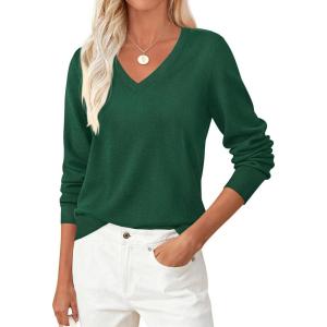 imagePRETTYGARDEN Womens V Neck Sweaters 2026 Fall Casual Long Sleeve Classic Pullover Cozy Knit Tops Loose Basic Winter ClothingGreen