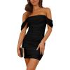 imagePRETTYGARDEN Cocktail Dresses 2026 Summer Off Shoulder Sexy Bodycon Ruched Mesh Graduation Wedding Guest Mini Short DressBlack