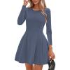 imagePRETTYGARDEN Long Sleeve Mini Dress for Women 2026 Spring Crewneck Knit Pleated Babydoll A Line Casual Short Party DressesBlue