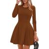 imagePRETTYGARDEN Long Sleeve Mini Dress for Women 2026 Spring Crewneck Knit Pleated Babydoll A Line Casual Short Party DressesCaramel