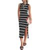 imagePRETTYGARDEN Summer Dresses for Women 2026 Casual Sleeveless Hollow Out Knit Side Slit Striped Beach Vacation Midi DressBlack