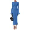 imagePRETTYGARDEN Sweater Dresses for Women 2026 Fall Bell Long Sleeve Crew Neck Bodycon Maxi Dress Winter Ribbed Knit OutfitsSky Blue