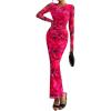 imagePRETTYGARDEN Wedding Guest Dresses for Women Spring Long Sleeve Ruched Bodycon Floral Mesh Cocktail Party Fall Maxi DressRose Red Floral