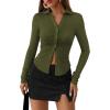 imagePRETTYGARDEN Womens Button Down Shirts V Neck Collared Ruched Slim Fit Long Sleeve Shirt Casual Spring Fashion Ladies TopsArmy Green