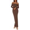 imagePRETTYGARDEN Womens Fall Sweater Dress 2026 Long Sleeve Off Shoulder Slit Maxi Bodycon Cocktail Party Dresses Spring FashionDark Brown