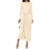 imagePRETTYGARDEN Womens Fall Wedding Guest Cocktail Midi Dresses Elegant Long Sleeve Bodycon Ruched Dress 2026 Fashion ClothingBeige