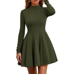 imagePRETTYGARDEN Fall Dresses for Women Elegant Classy 2026 Casual Long Sleeve Swing A Line Ruffle Short Homecoming Party DressArmy Green