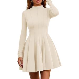 imagePRETTYGARDEN Fall Dresses for Women Elegant Classy 2026 Casual Long Sleeve Swing A Line Ruffle Short Homecoming Party DressBeige