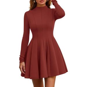 imagePRETTYGARDEN Fall Dresses for Women Elegant Classy 2026 Casual Long Sleeve Swing A Line Ruffle Short Homecoming Party DressBrick Red
