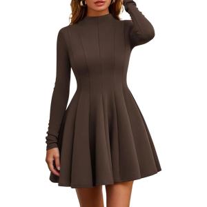 imagePRETTYGARDEN Fall Dresses for Women Elegant Classy 2026 Casual Long Sleeve Swing A Line Ruffle Short Homecoming Party DressBrown