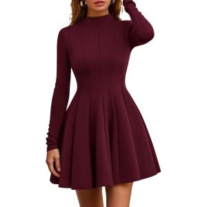imagePRETTYGARDEN Fall Dresses for Women Elegant Classy 2026 Casual Long Sleeve Swing A Line Ruffle Short Homecoming Party DressBurgundy