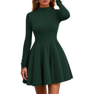 imagePRETTYGARDEN Fall Dresses for Women Elegant Classy 2026 Casual Long Sleeve Swing A Line Ruffle Short Homecoming Party DressDark Green