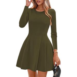 imagePRETTYGARDEN Long Sleeve Mini Dress for Women 2026 Spring Crewneck Knit Pleated Babydoll A Line Casual Short Party DressesArmy Green