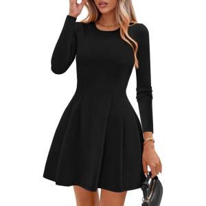 imagePRETTYGARDEN Long Sleeve Mini Dress for Women 2026 Spring Crewneck Knit Pleated Babydoll A Line Casual Short Party DressesBlack
