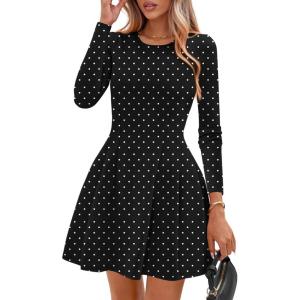 imagePRETTYGARDEN Long Sleeve Mini Dress for Women 2026 Spring Crewneck Knit Pleated Babydoll A Line Casual Short Party DressesPolka Dot Black White