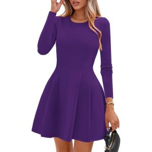 imagePRETTYGARDEN Long Sleeve Mini Dress for Women 2026 Spring Crewneck Knit Pleated Babydoll A Line Casual Short Party DressesPurple