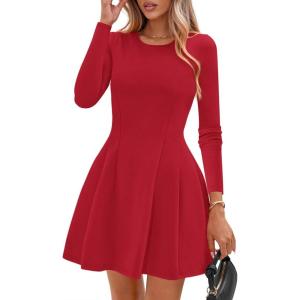 imagePRETTYGARDEN Long Sleeve Mini Dress for Women 2026 Spring Crewneck Knit Pleated Babydoll A Line Casual Short Party DressesRed