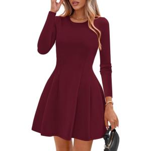 imagePRETTYGARDEN Long Sleeve Mini Dress for Women 2026 Spring Crewneck Knit Pleated Babydoll A Line Casual Short Party DressesWine Red
