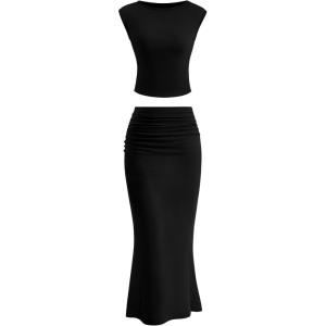 imagePRETTYGARDEN Skirt Sets Women 2 Piece Outfits Summer Outfits 2026 Going Out Crop Tops Long Maxi Skirts Beach Vacation ClothesBlack