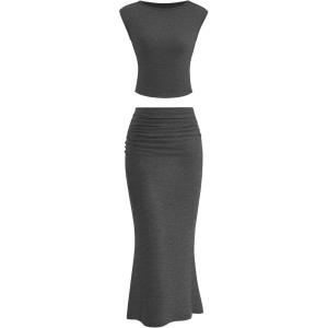 imagePRETTYGARDEN Skirt Sets Women 2 Piece Outfits Summer Outfits 2026 Going Out Crop Tops Long Maxi Skirts Beach Vacation ClothesGrey