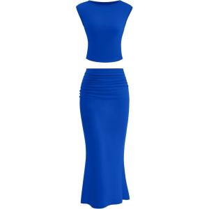 imagePRETTYGARDEN Skirt Sets Women 2 Piece Outfits Summer Outfits 2026 Going Out Crop Tops Long Maxi Skirts Beach Vacation ClothesRoyal Blue