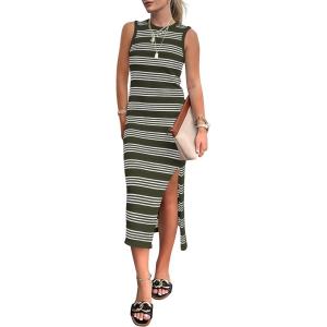 imagePRETTYGARDEN Summer Dresses for Women 2026 Casual Sleeveless Hollow Out Knit Side Slit Striped Beach Vacation Midi DressArmy Green