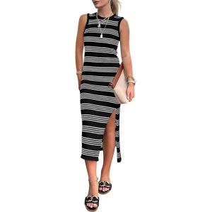 imagePRETTYGARDEN Summer Dresses for Women 2026 Casual Sleeveless Hollow Out Knit Side Slit Striped Beach Vacation Midi DressBlack