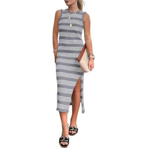 imagePRETTYGARDEN Summer Dresses for Women 2026 Casual Sleeveless Hollow Out Knit Side Slit Striped Beach Vacation Midi DressGrey