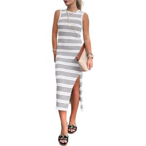 imagePRETTYGARDEN Summer Dresses for Women 2026 Casual Sleeveless Hollow Out Knit Side Slit Striped Beach Vacation Midi DressStriped White Grey