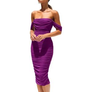 imagePRETTYGARDEN Summer Off The Shoulder Ruched Bodycon Dresses Sleeveless Sexy Party Club Midi DressDark Purple