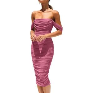 imagePRETTYGARDEN Summer Off The Shoulder Ruched Bodycon Dresses Sleeveless Sexy Party Club Midi DressDusty Pink