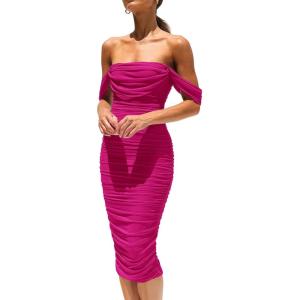 imagePRETTYGARDEN Summer Off The Shoulder Ruched Bodycon Dresses Sleeveless Sexy Party Club Midi DressRose Red