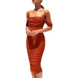 imagePRETTYGARDEN Summer Off The Shoulder Ruched Bodycon Dresses Sleeveless Sexy Party Club Midi DressRust Red