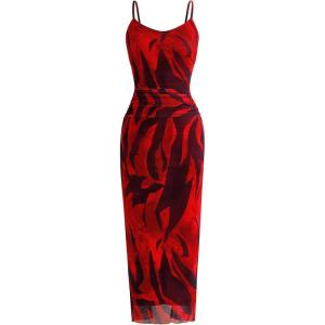 imagePRETTYGARDEN Summer Wedding Guest Dresses for Women 2026 Spaghetti Strap Mesh Bodycon Beach Vacation Floral Maxi Long DressesFloral Red