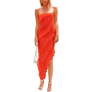 imagePRETTYGARDEN Summer Wedding Guest Dresses for Women 2026 Strapless Tube Ruffle Elegant Dinner Cocktail Long Spring DressOrange