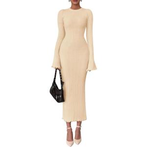imagePRETTYGARDEN Sweater Dresses for Women 2026 Fall Bell Long Sleeve Crew Neck Bodycon Maxi Dress Winter Ribbed Knit OutfitsBeige
