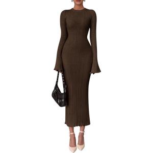 imagePRETTYGARDEN Sweater Dresses for Women 2026 Fall Bell Long Sleeve Crew Neck Bodycon Maxi Dress Winter Ribbed Knit OutfitsBrown