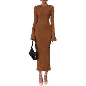 imagePRETTYGARDEN Sweater Dresses for Women 2026 Fall Bell Long Sleeve Crew Neck Bodycon Maxi Dress Winter Ribbed Knit OutfitsCaramel