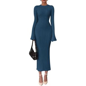 imagePRETTYGARDEN Sweater Dresses for Women 2026 Fall Bell Long Sleeve Crew Neck Bodycon Maxi Dress Winter Ribbed Knit OutfitsDark Blue