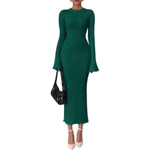 imagePRETTYGARDEN Sweater Dresses for Women 2026 Fall Bell Long Sleeve Crew Neck Bodycon Maxi Dress Winter Ribbed Knit OutfitsGreen