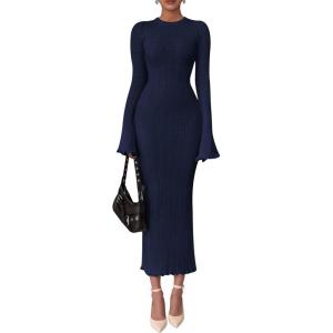 imagePRETTYGARDEN Sweater Dresses for Women 2026 Fall Bell Long Sleeve Crew Neck Bodycon Maxi Dress Winter Ribbed Knit OutfitsNavy Blue